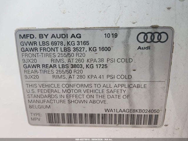 Aukcja sprzedaży 2019 Audi E-tron Premium Plus, vin: WA1LAAGE8KB024050, numer aukcji: 45273015