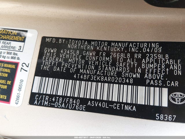 Продаж на аукціоні авто 2010 Toyota Camry Le, vin: 4T4BF3EK8AR020348, номер лоту: 45273017