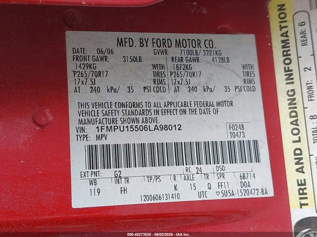 45273025 :رقم المزاد ، 1FMPU15506LA98012 vin ، 2006 Ford Expedition Xlt/xlt Sport مزاد بيع