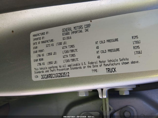 45273031 :رقم المزاد ، 3GCUKREC1GG263512 vin ، 2016 Chevrolet Silverado 1500 1lt مزاد بيع