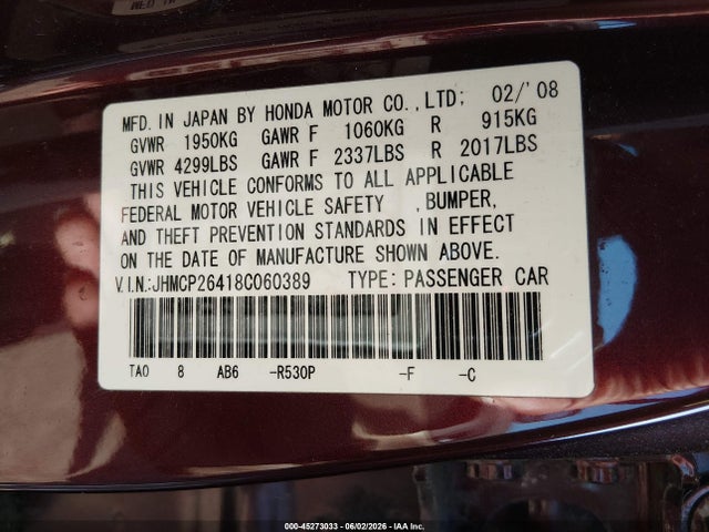 Продажа на аукционе авто 2008 Honda Accord 2.4 Lx-p, vin: JHMCP26418C060389, номер лота: 45273033