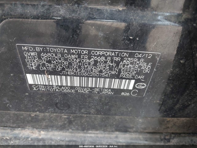 45273036 :رقم المزاد ، JTHBK1EG6C2507541 vin ، 2012 Lexus Es 350 مزاد بيع