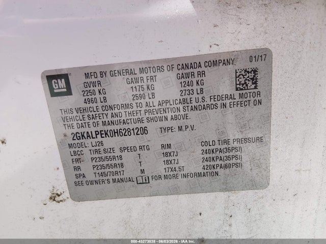 45273038 :رقم المزاد ، 2GKALPEK0H6281206 vin ، 2017 Gmc Terrain Slt مزاد بيع