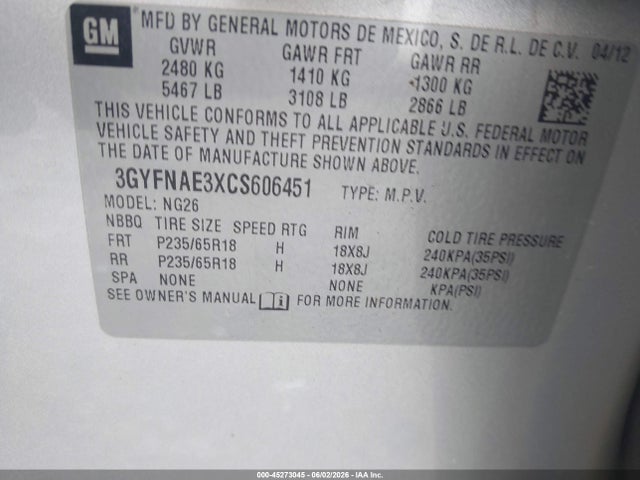 Продаж на аукціоні авто 2012 Cadillac Srx Luxury Collection, vin: 3GYFNAE3XCS606451, номер лоту: 45273045