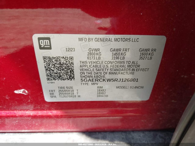 45273060 :رقم المزاد ، 5GAERCKW5RJ126801 vin ، 2024 Buick Enclave Premium Fwd مزاد بيع