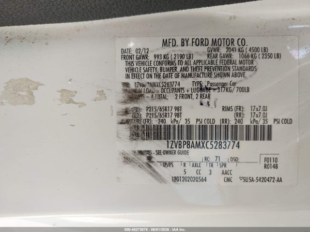 Продажа на аукционе авто 2012 Ford Mustang V6, vin: 1ZVBP8AMXC5283774, номер лота: 45273078