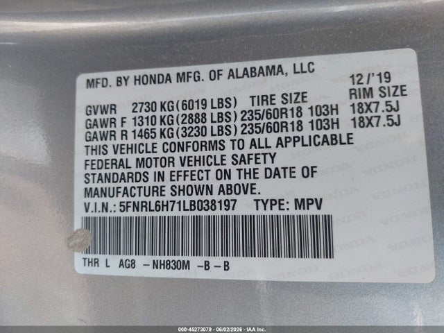 45273079 :رقم المزاد ، 5FNRL6H71LB038197 vin ، 2020 Honda Odyssey مزاد بيع