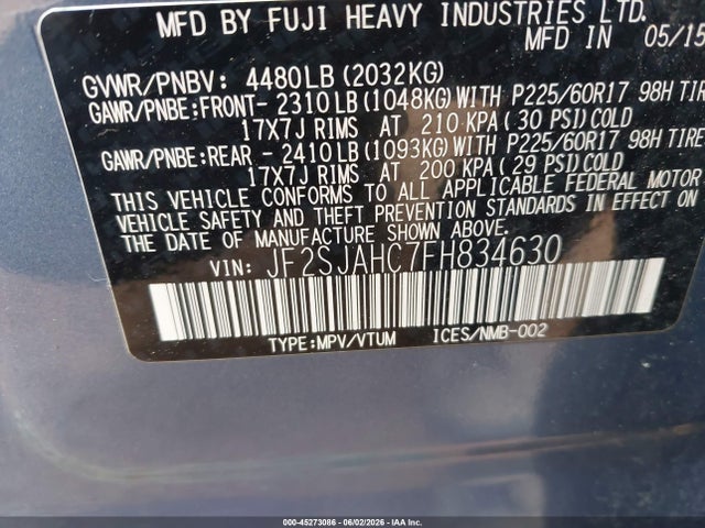 Продаж на аукціоні авто 2015 Subaru Forester 2.5i Limited, vin: JF2SJAHC7FH834630, номер лоту: 45273086