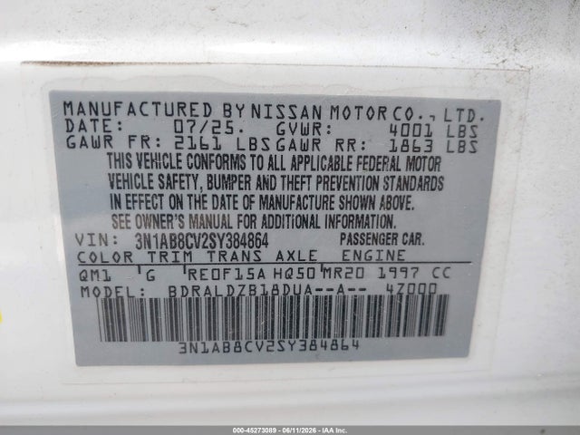 Продаж на аукціоні авто 2025 Nissan Sentra Sv, vin: 3N1AB8CV2SY384864, номер лоту: 45273089