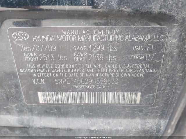 45273091 :رقم المزاد ، 5NPET46C29H558633 vin ، 2009 Hyundai Sonata Gls مزاد بيع