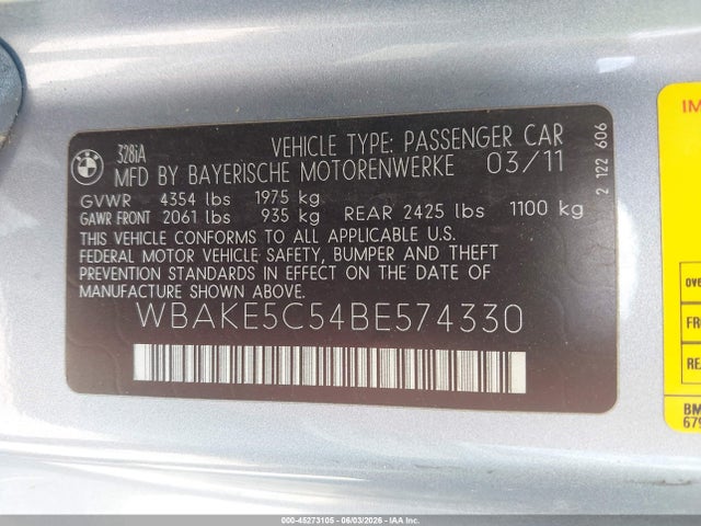 Продаж на аукціоні авто 2011 Bmw 328i, vin: WBAKE5C54BE574330, номер лоту: 45273105