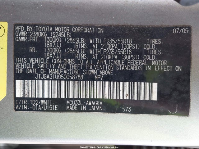Aukcja sprzedaży 2005 Lexus Rx 330, vin: JTJGA31U050058788, numer aukcji: 45273106