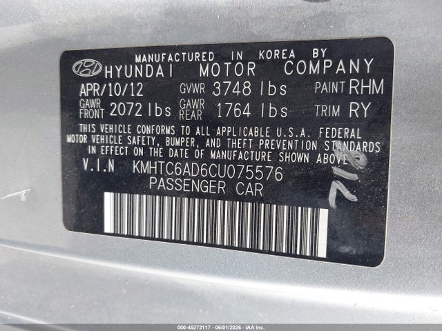 45273117 :رقم المزاد ، KMHTC6AD6CU075576 vin ، 2012 Hyundai Veloster Base W/black مزاد بيع