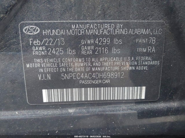 Aukcja sprzedaży 2013 Hyundai Sonata Limited, vin: 5NPEC4AC4DH698912, numer aukcji: 45273119