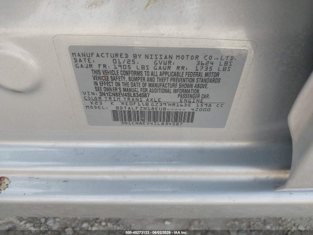 Продаж на аукціоні авто 2025 Nissan Versa 1.6 Sv, vin: 3N1CN8EV4SL834587, номер лоту: 45273123