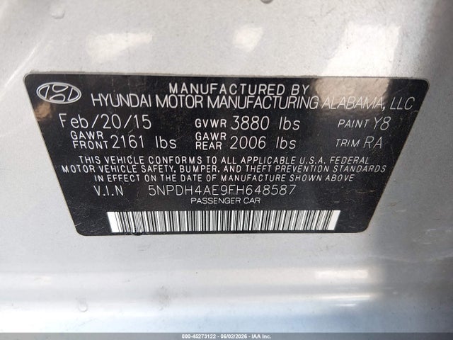 Продаж на аукціоні авто 2015 Hyundai Elantra Se, vin: 5NPDH4AE9FH648587, номер лоту: 45273122