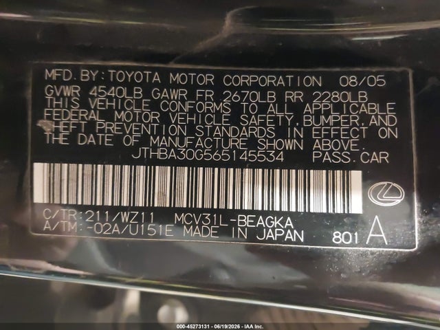 2006 Lexus Es 330 მანქანა იყიდება აუქციონზე, vin: JTHBA30G565145534, აუქციონის ნომერი: 45273131