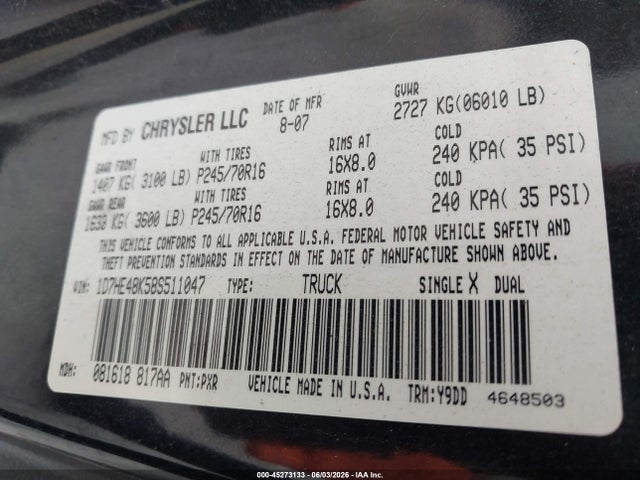 45273133 :رقم المزاد ، 1D7HE48K58S511047 vin ، 2008 Dodge Dakota Slt مزاد بيع