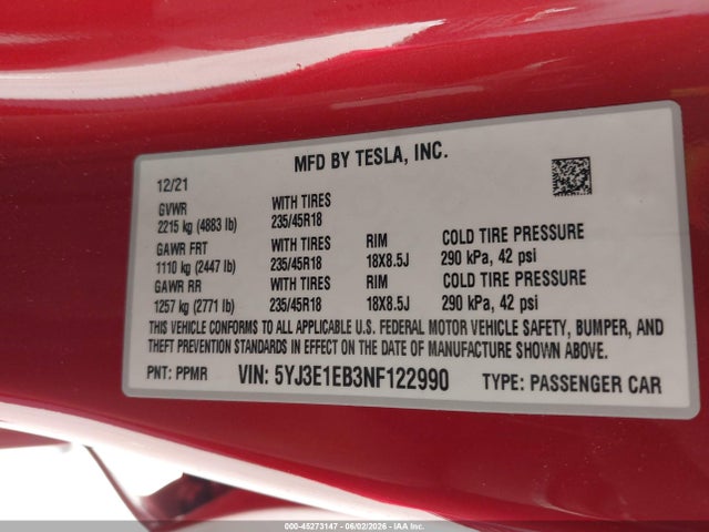 Продаж на аукціоні авто 2022 Tesla Model 3 Long Range Dual Motor All-wheel Drive, vin: 5YJ3E1EB3NF122990, номер лоту: 45273147