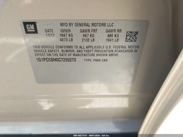 Продажа на аукционе авто 2012 Chevrolet Cruze Ls, vin: 1G1PC5SH6C7209270, номер лота: 45273151