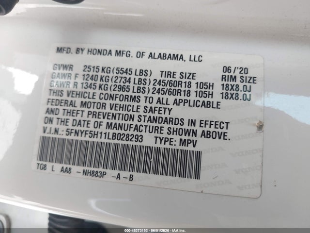 Honda Pilot 2wd Lx 2020 5FNYF5H11LB028293 Image 9
