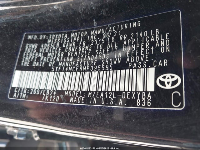 Продаж на аукціоні авто 2021 Toyota Corolla Xse Apex Edition, vin: 5YFT4MCE8MP095595, номер лоту: 45273158