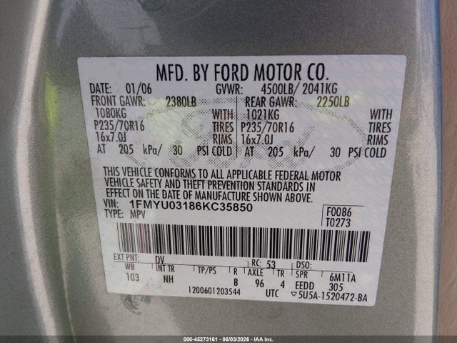 Aukcja sprzedaży 2006 Ford Escape Xlt/xlt Sport, vin: 1FMYU03186KC35850, numer aukcji: 45273161