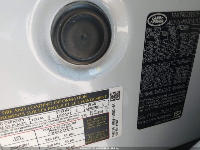 45273171 :رقم المزاد ، SALYT2EU0MA310577 vin ، 2021 Land Rover Range Rover Velar P340 R-dynamic S مزاد بيع