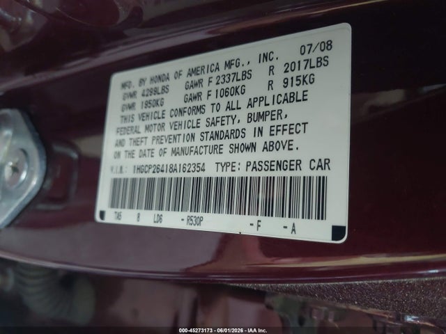 Продажа на аукционе авто 2008 Honda Accord 2.4 Lx-p, vin: 1HGCP26418A162354, номер лота: 45273173