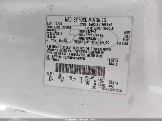 45273180 :رقم المزاد ، 1FTYR14U75PA34978 vin ، 2005 Ford Ranger Edge/stx/xl/xlt مزاد بيع
