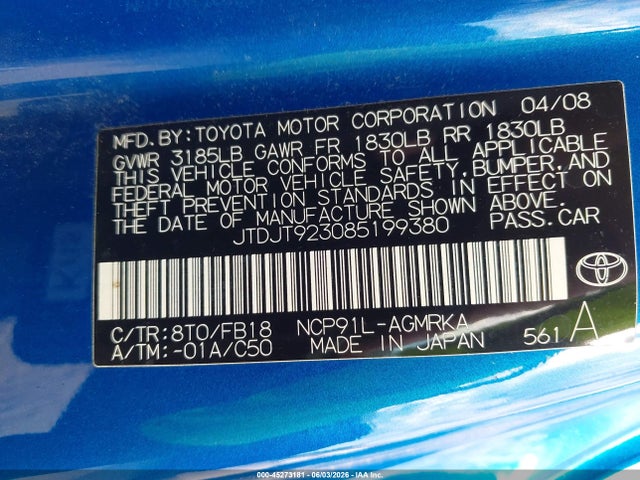 45273181 :رقم المزاد ، JTDJT923085199380 vin ، 2008 Toyota Yaris مزاد بيع