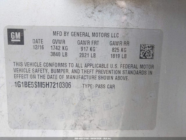 2017 Chevrolet Cruze Lt Auto მანქანა იყიდება აუქციონზე, vin: 1G1BE5SM5H7210306, აუქციონის ნომერი: 45273188