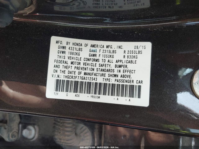 Honda ACCORD EX 2016 1HGCR2F77GA012543 Image 9