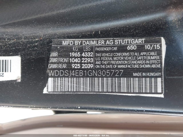 Aukcja sprzedaży 2016 Mercedes-benz Cla 250, vin: WDDSJ4EB1GN305727, numer aukcji: 45273190