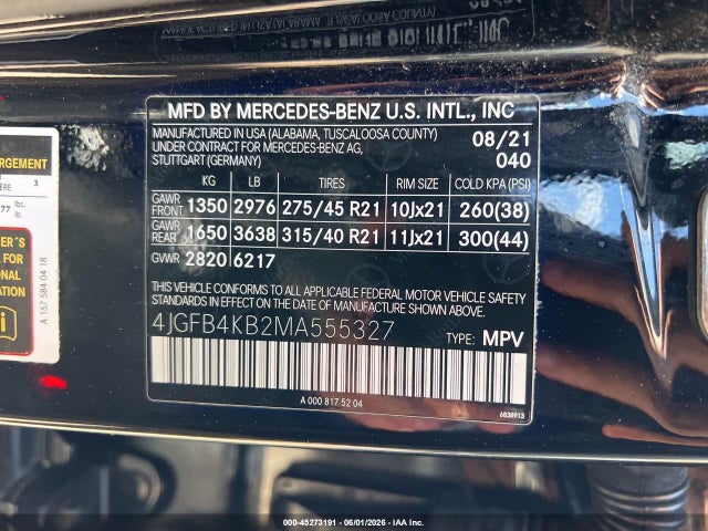 Aukcja sprzedaży 2021 Mercedes-benz Gle 350 4matic, vin: 4JGFB4KB2MA555327, numer aukcji: 45273191