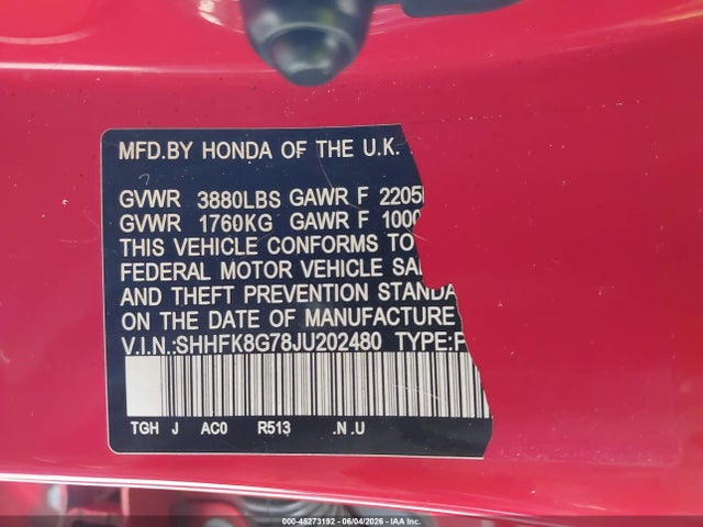 SHHFK8G78JU202480 Honda Civic Type R Touring