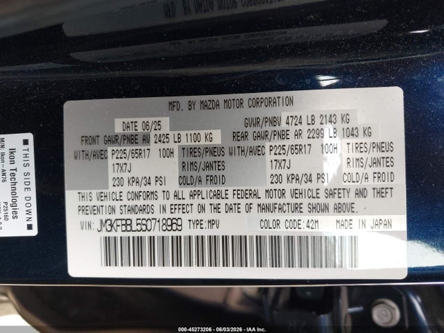 45273206 :رقم المزاد ، JM3KFBBL5S0718969 vin ، 2025 Mazda Cx-5 2.5 S Select مزاد بيع