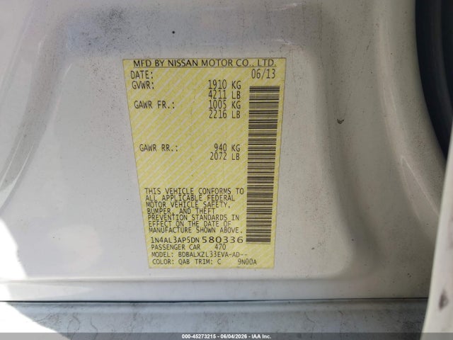 Aukcja sprzedaży 2013 Nissan Altima 2.5 Sl, vin: 1N4AL3AP5DN580336, numer aukcji: 45273215
