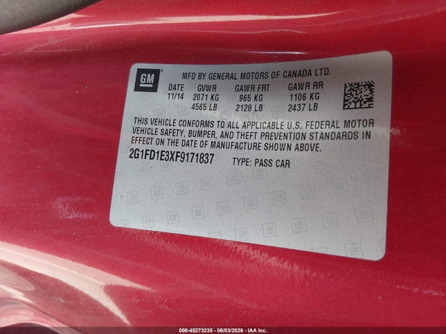 Продаж на аукціоні авто 2015 Chevrolet Camaro 1lt, vin: 2G1FD1E3XF9171837, номер лоту: 45273235