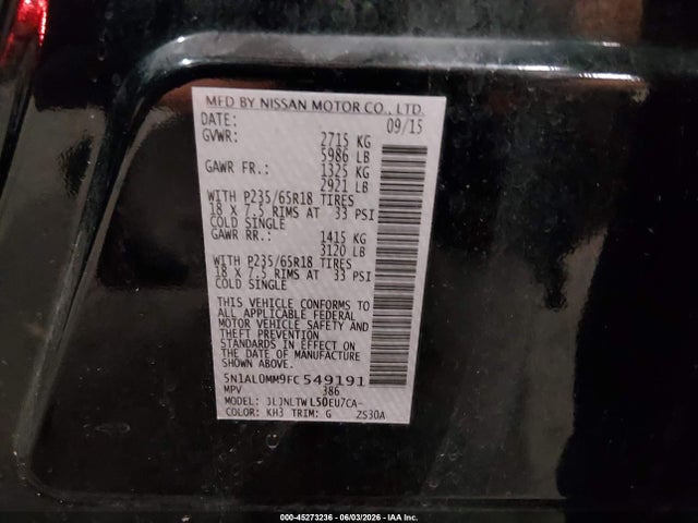 Aukcja sprzedaży 2015 Infiniti Qx60, vin: 5N1AL0MM9FC549191, numer aukcji: 45273236