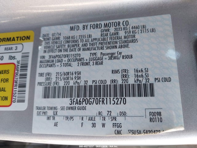 Ford FUSION S 2015 3FA6P0G70FR115270 Image 9