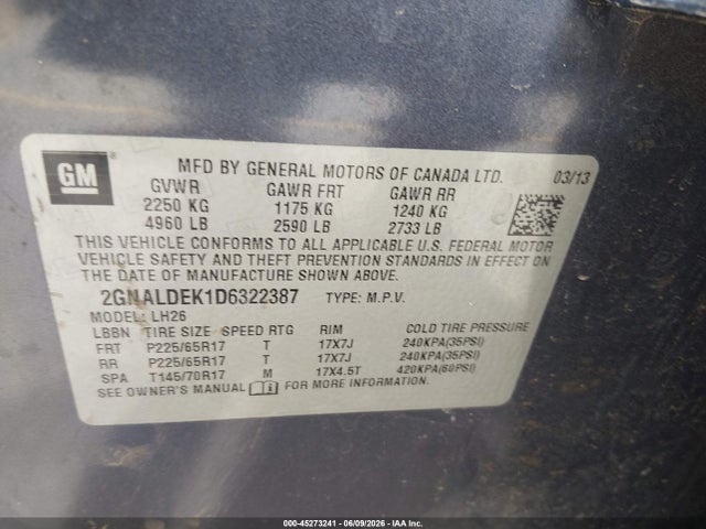 Auction sale of the 2013 Chevrolet Equinox 1lt, vin: 2GNALDEK1D6322387, lot number: 45273241