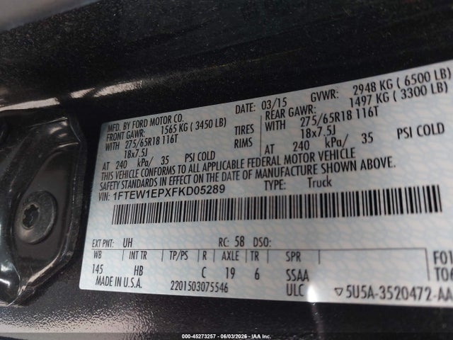 Aukcja sprzedaży 2015 Ford F-150 Lariat, vin: 1FTEW1EPXFKD05289, numer aukcji: 45273257
