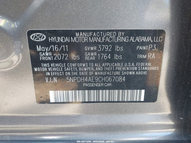 Aukcja sprzedaży 2012 Hyundai Elantra Gls, vin: 5NPDH4AE9CH067084, numer aukcji: 45273268