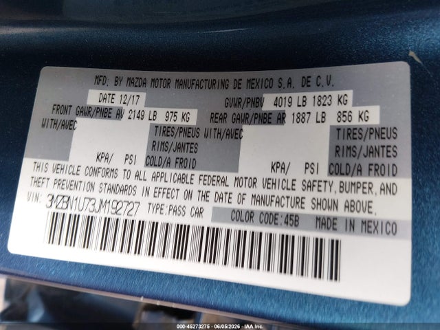 45273275 :رقم المزاد ، 3MZBN1U73JM192727 vin ، 2018 Mazda Mazda3 Sport مزاد بيع