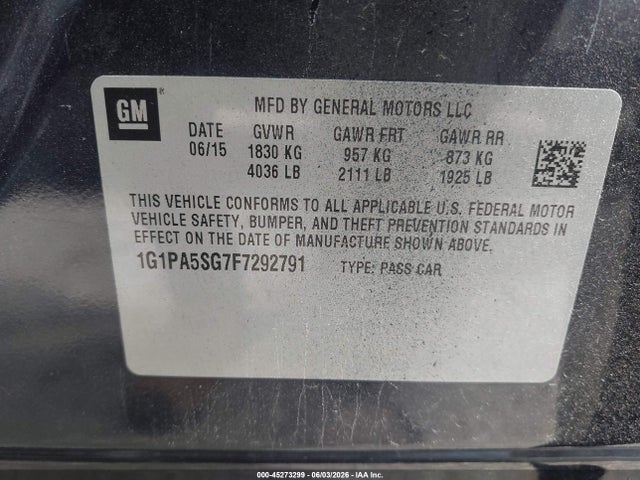 Auction sale of the 2015 Chevrolet Cruze Ls Auto, vin: 1G1PA5SG7F7292791, lot number: 45273299