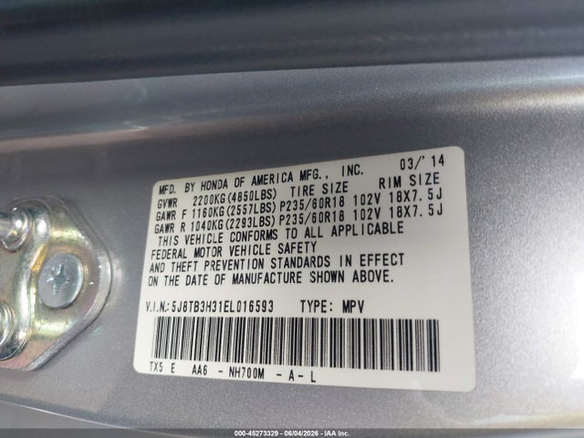 2014 Acura Rdx მანქანა იყიდება აუქციონზე, vin: 5J8TB3H31EL016593, აუქციონის ნომერი: 45273329