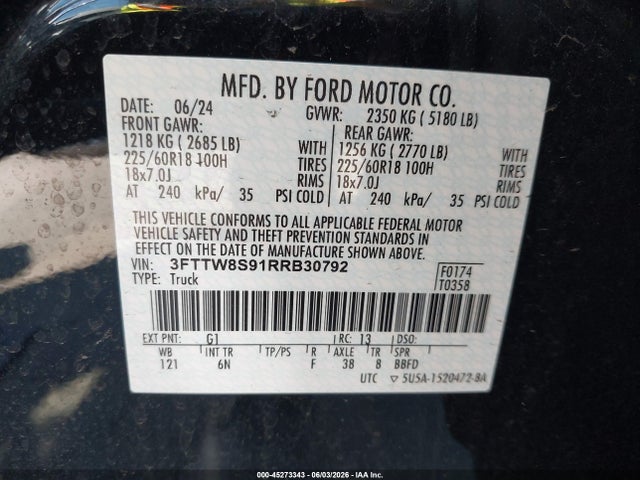 Aukcja sprzedaży 2024 Ford Maverick Lariat, vin: 3FTTW8S91RRB30792, numer aukcji: 45273343