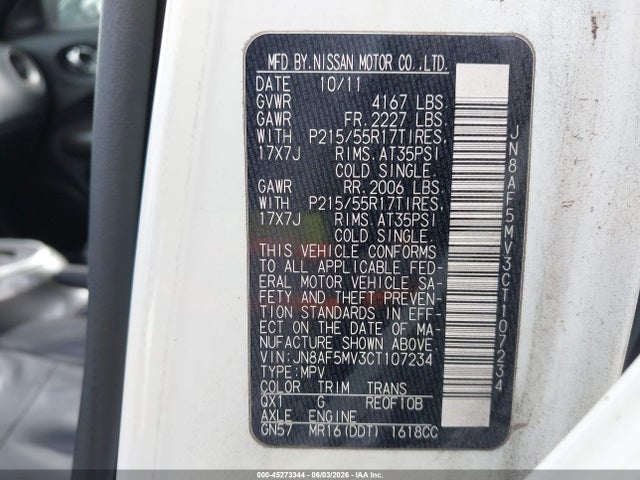 Aukcja sprzedaży 2012 Nissan Juke Sl, vin: JN8AF5MV3CT107234, numer aukcji: 45273344