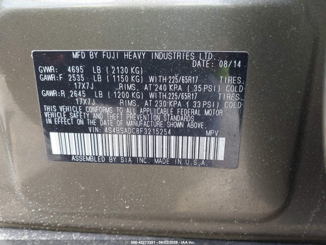2015 Subaru Outback 2.5i Premium მანქანა იყიდება აუქციონზე, vin: 4S4BSADC8F3215254, აუქციონის ნომერი: 45273381